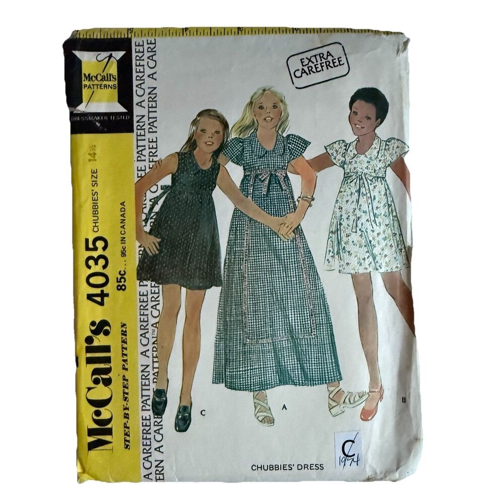 Vintage 70s McCalls 4035 Boho Girls’ PLUS Size 14.5 Dress Sewing Pattern Cubbies